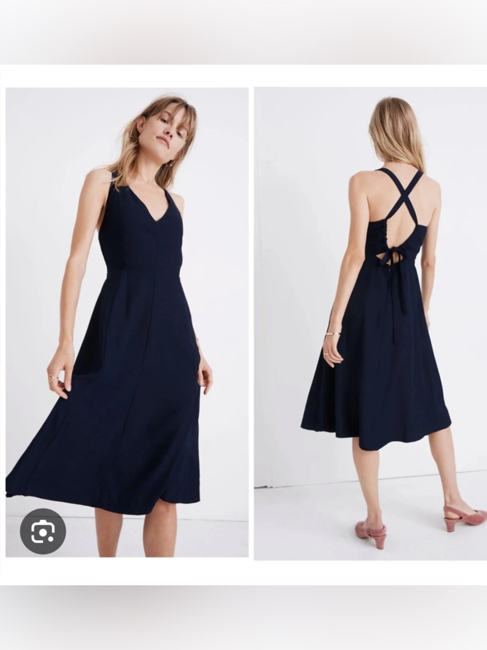Madewell Navy V-Neck Midi Dress with Cross-Back Tie